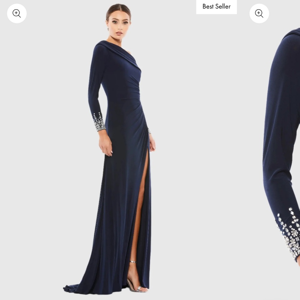 Mac Duggal Navy One-Shoulder Long Sleeve Evening Gown with Embellished Cuffs